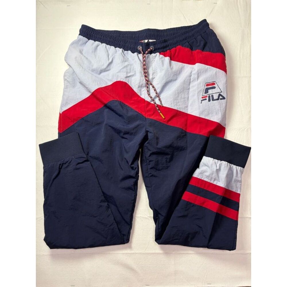 FILA Vintage Colorblock Nylon Track Pants Navy Red White Windbreaker Men Large